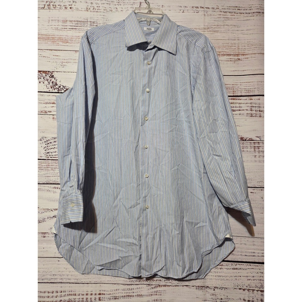 Barba Napoli Dress Shirt Mens 43 17 Blue White Stripe Cotton Handmade Italy